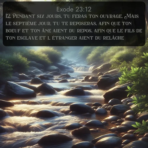 Segond Exode  ; image nature: image avec le verset biblique :Pendant six jours, tu feras ton ouvrage. Mais le septième jour, tu te reposeras, afin que ton boeuf et ton âne aient du repos, afin que le fils de ton esclave et l&#039;étranger aient du relâche. ;  ; 23:12