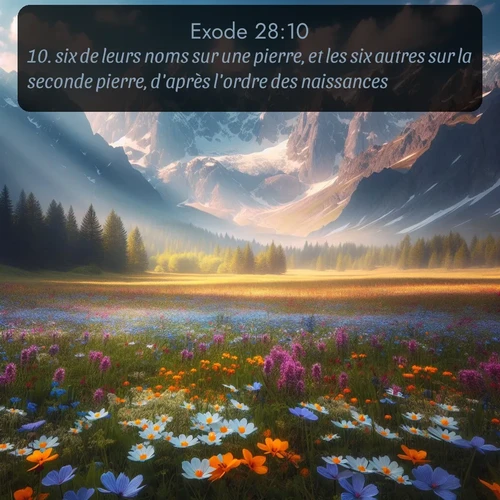 Segond Exode  ; image nature: image avec le verset biblique :six de leurs noms sur une pierre, et les six autres sur la seconde pierre, d&#039;après l&#039;ordre des naissances. ;  ; 28:10