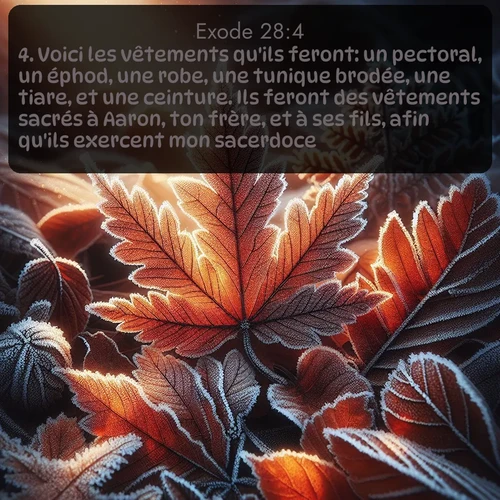 Segond Exode  ; image nature: image avec le verset biblique :Voici les vêtements qu&#039;ils feront: un pectoral, un éphod, une robe, une tunique brodée, une tiare, et une ceinture. Ils feront des vêtements sacrés à Aaron, ton frère, et à ses fils, afin qu&#039;ils exercent mon sacerdoce. ;  ; 28:4