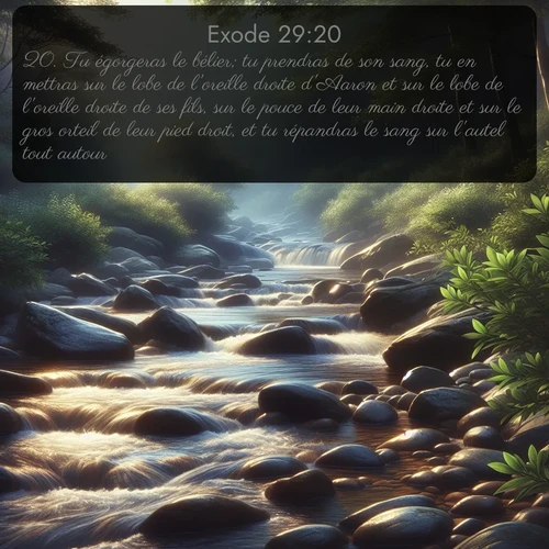 Segond Exode  ; image nature: image avec le verset biblique :Tu égorgeras le bélier; tu prendras de son sang, tu en mettras sur le lobe de l&#039;oreille droite d&#039;Aaron et sur le lobe de l&#039;oreille droite de ses fils, sur le pouce de leur main droite et sur le gros orteil de leur pied droit, et tu répandras le sang sur l&#039;autel tout autour. ;  ; 29:20