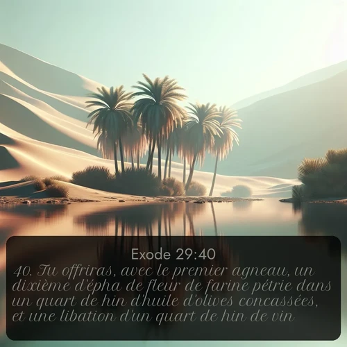 Segond Exode  ; image nature: image avec le verset biblique :Tu offriras, avec le premier agneau, un dixième d&#039;épha de fleur de farine pétrie dans un quart de hin d&#039;huile d&#039;olives concassées, et une libation d&#039;un quart de hin de vin. ;  ; 29:40