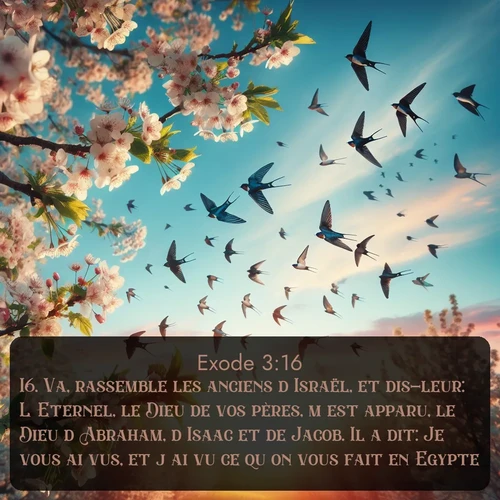 Segond Exode  ; image nature: image avec le verset biblique :Va, rassemble les anciens d&#039;Israël, et dis-leur: L&#039;Eternel, le Dieu de vos pères, m&#039;est apparu, le Dieu d&#039;Abraham, d&#039;Isaac et de Jacob. Il a dit: Je vous ai vus, et j&#039;ai vu ce qu&#039;on vous fait en Egypte, ;  ; 3:16
