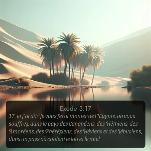 Segond Exode  ; image nature: image avec le verset biblique :et j&#039;ai dit: Je vous ferai monter de l&#039;Egypte, où vous souffrez, dans le pays des Cananéens, des Héthiens, des Amoréens, des Phéréziens, des Héviens et des Jébusiens, dans un pays où coulent le lait et le miel. ;  ; 3:17