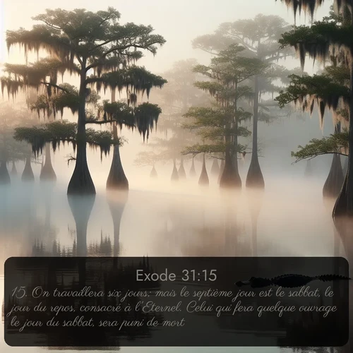 Segond Exode  ; image nature: image avec le verset biblique :On travaillera six jours; mais le septième jour est le sabbat, le jour du repos, consacré à l&#039;Eternel. Celui qui fera quelque ouvrage le jour du sabbat, sera puni de mort. ;  ; 31:15