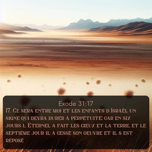 Segond Exode  ; image nature: image avec le verset biblique :Ce sera entre moi et les enfants d&#039;Israël un signe qui devra durer à perpétuité; car en six jours l&#039;Eternel a fait les cieux et la terre, et le septième jour il a cessé son oeuvre et il s&#039;est reposé. ;  ; 31:17