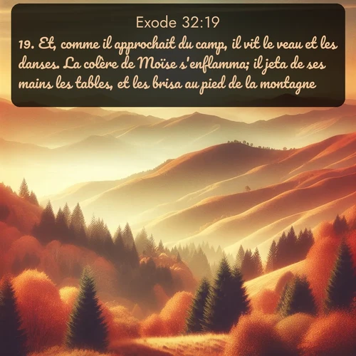 Segond Exode  ; image nature: image avec le verset biblique :Et, comme il approchait du camp, il vit le veau et les danses. La colère de Moïse s&#039;enflamma; il jeta de ses mains les tables, et les brisa au pied de la montagne. ;  ; 32:19