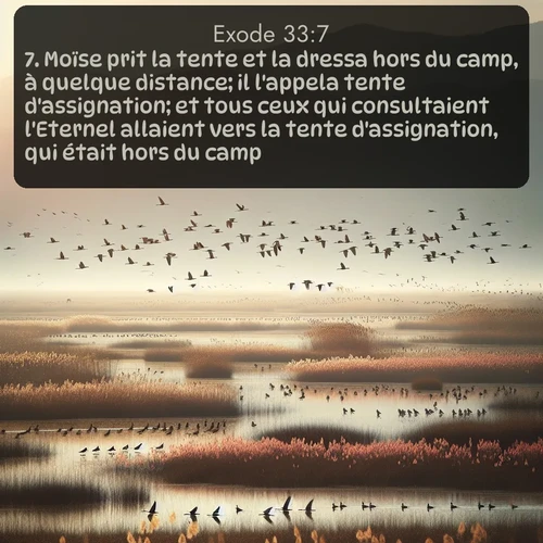 Segond Exode  ; image nature: image avec le verset biblique :Moïse prit la tente et la dressa hors du camp, à quelque distance; il l&#039;appela tente d&#039;assignation; et tous ceux qui consultaient l&#039;Eternel allaient vers la tente d&#039;assignation, qui était hors du camp. ;  ; 33:7