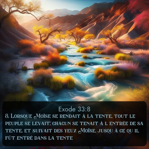 Segond Exode  ; image nature: image avec le verset biblique :Lorsque Moïse se rendait à la tente, tout le peuple se levait; chacun se tenait à l&#039;entrée de sa tente, et suivait des yeux Moïse, jusqu&#039;à ce qu&#039;il fût entré dans la tente. ;  ; 33:8