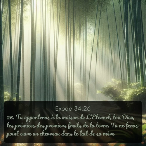 Segond Exode  ; image nature: image avec le verset biblique :Tu apporteras à la maison de L&#039;Eternel, ton Dieu, les prémices des premiers fruits de la terre. Tu ne feras point cuire un chevreau dans le lait de sa mère. ;  ; 34:26
