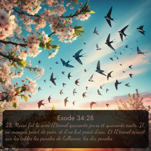 Segond Exode  ; image nature: image avec le verset biblique :Moïse fut là avec l&#039;Eternel quarante jours et quarante nuits. Il ne mangea point de pain, et il ne but point d&#039;eau. Et l&#039;Eternel écrivit sur les tables les paroles de l&#039;alliance, les dix paroles. ;  ; 34:28