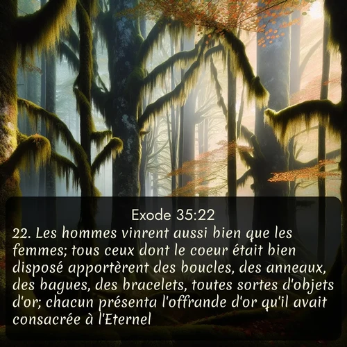 Segond Exode  ; image nature: image avec le verset biblique :Les hommes vinrent aussi bien que les femmes; tous ceux dont le coeur était bien disposé apportèrent des boucles, des anneaux, des bagues, des bracelets, toutes sortes d&#039;objets d&#039;or; chacun présenta l&#039;offrande d&#039;or qu&#039;il avait consacrée à l&#039;Eternel. ;  ; 35:22