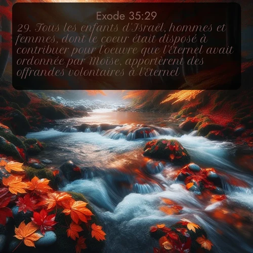 Segond Exode  ; image nature: image avec le verset biblique :Tous les enfants d&#039;Israël, hommes et femmes, dont le coeur était disposé à contribuer pour l&#039;oeuvre que l&#039;Eternel avait ordonnée par Moïse, apportèrent des offrandes volontaires à l&#039;Eternel. ;  ; 35:29