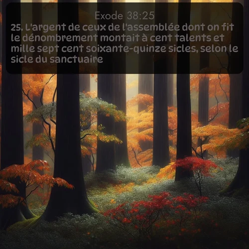 Segond Exode  ; image nature: image avec le verset biblique :L&#039;argent de ceux de l&#039;assemblée dont on fit le dénombrement montait à cent talents et mille sept cent soixante-quinze sicles, selon le sicle du sanctuaire. ;  ; 38:25