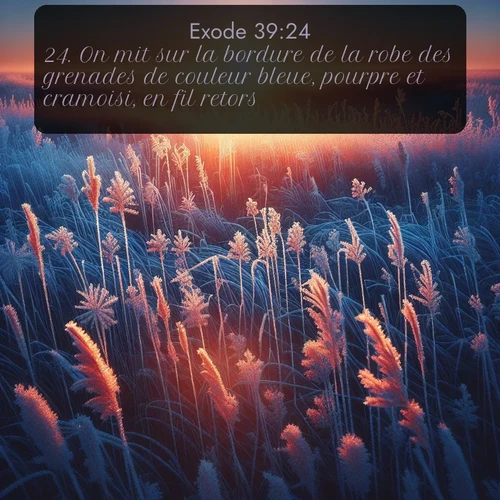 Segond Exode  ; image nature: image avec le verset biblique :On mit sur la bordure de la robe des grenades de couleur bleue, pourpre et cramoisi, en fil retors; ;  ; 39:24