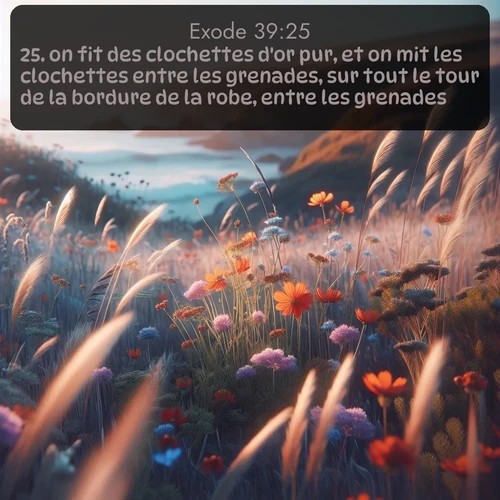 Segond Exode  ; image nature: image avec le verset biblique :on fit des clochettes d&#039;or pur, et on mit les clochettes entre les grenades, sur tout le tour de la bordure de la robe, entre les grenades: ;  ; 39:25