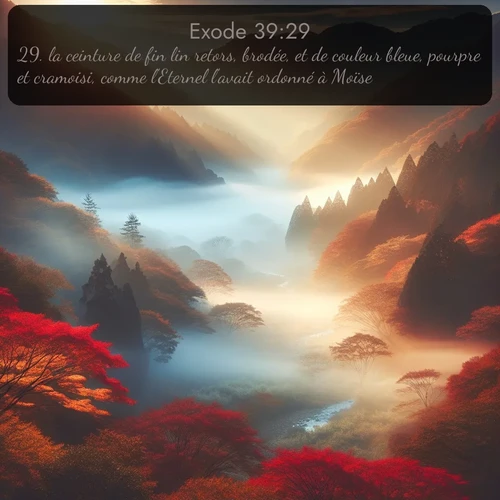 Segond Exode  ; image nature: image avec le verset biblique :la ceinture de fin lin retors, brodée, et de couleur bleue, pourpre et cramoisi, comme l&#039;Eternel l&#039;avait ordonné à Moïse. ;  ; 39:29