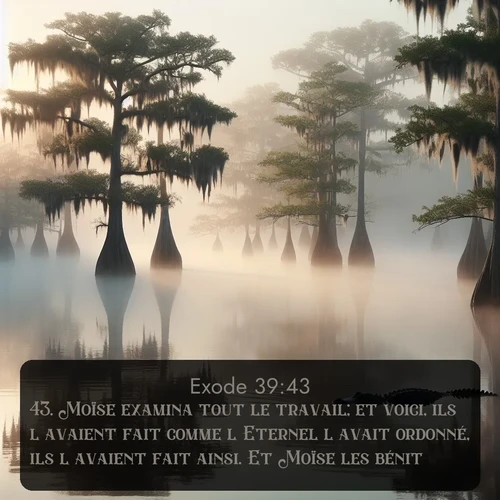 Segond Exode  ; image nature: image avec le verset biblique :Moïse examina tout le travail; et voici, ils l&#039;avaient fait comme l&#039;Eternel l&#039;avait ordonné, ils l&#039;avaient fait ainsi. Et Moïse les bénit. ;  ; 39:43