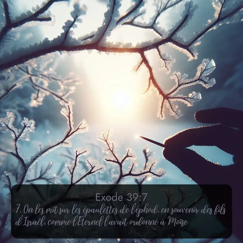 Segond Exode  ; image nature: image avec le verset biblique :On les mit sur les épaulettes de l&#039;éphod, en souvenir des fils d&#039;Israël, comme l&#039;Eternel l&#039;avait ordonné à Moïse. ;  ; 39:7