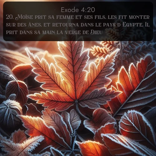 Segond Exode  ; image nature: image avec le verset biblique :Moïse prit sa femme et ses fils, les fit monter sur des ânes, et retourna dans le pays d&#039;Egypte. Il prit dans sa main la verge de Dieu. ;  ; 4:20