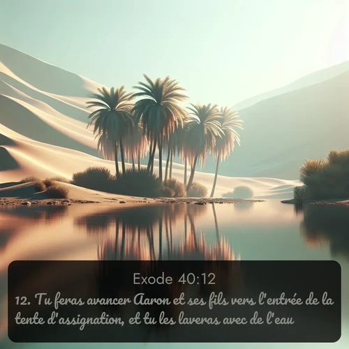 Segond Exode  ; image nature: image avec le verset biblique :Tu feras avancer Aaron et ses fils vers l&#039;entrée de la tente d&#039;assignation, et tu les laveras avec de l&#039;eau. ;  ; 40:12