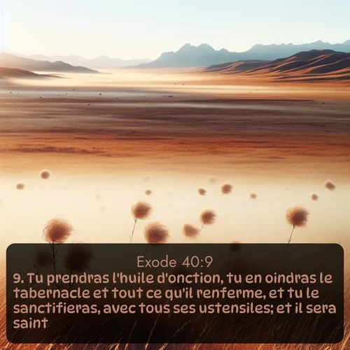 Segond Exode  ; image nature: image avec le verset biblique :Tu prendras l&#039;huile d&#039;onction, tu en oindras le tabernacle et tout ce qu&#039;il renferme, et tu le sanctifieras, avec tous ses ustensiles; et il sera saint. ;  ; 40:9
