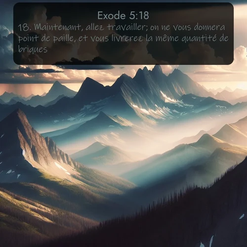 Segond Exode  ; image nature: image avec le verset biblique :Maintenant, allez travailler; on ne vous donnera point de paille, et vous livrerez la même quantité de briques. ;  ; 5:18