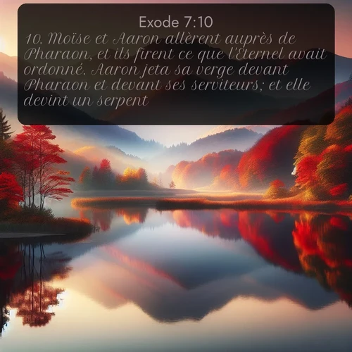 Segond Exode  ; image nature: image avec le verset biblique :Moïse et Aaron allèrent auprès de Pharaon, et ils firent ce que l&#039;Eternel avait ordonné. Aaron jeta sa verge devant Pharaon et devant ses serviteurs; et elle devint un serpent. ;  ; 7:10