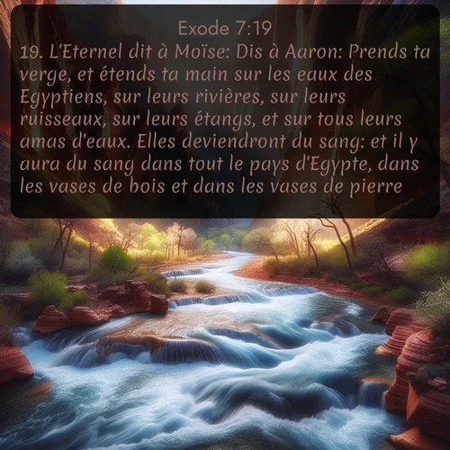 Segond Exode  ; image nature: image avec le verset biblique :L&#039;Eternel dit à Moïse: Dis à Aaron: Prends ta verge, et étends ta main sur les eaux des Egyptiens, sur leurs rivières, sur leurs ruisseaux, sur leurs étangs, et sur tous leurs amas d&#039;eaux. Elles deviendront du sang: et il y aura du sang dans tout le pays d&#039;Egypte, dans les vases de bois et dans les vases de pierre. ;  ; 7:19