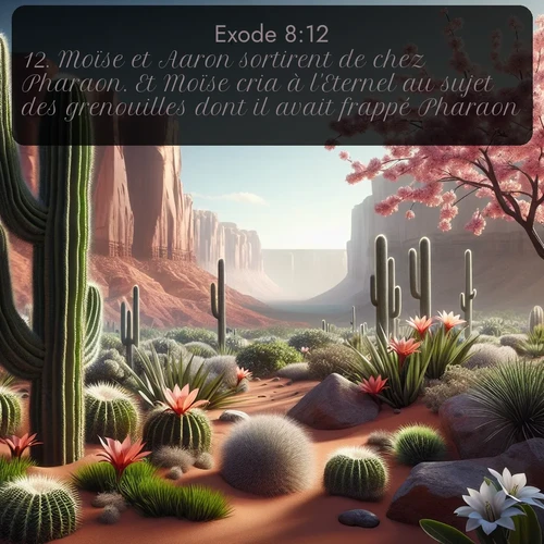 Segond Exode  ; image nature: image avec le verset biblique :Moïse et Aaron sortirent de chez Pharaon. Et Moïse cria à l&#039;Eternel au sujet des grenouilles dont il avait frappé Pharaon. ;  ; 8:12