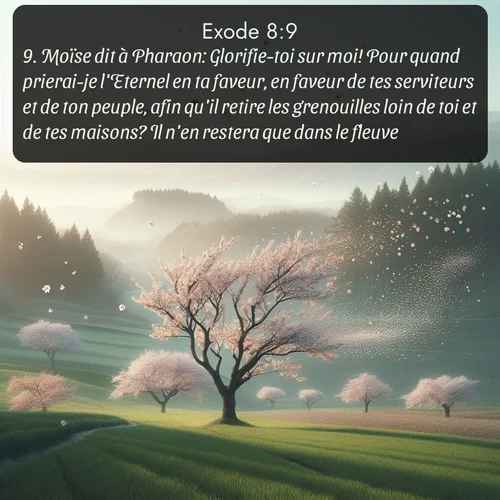 Segond Exode  ; image nature: image avec le verset biblique :Moïse dit à Pharaon: Glorifie-toi sur moi! Pour quand prierai-je l&#039;Eternel en ta faveur, en faveur de tes serviteurs et de ton peuple, afin qu&#039;il retire les grenouilles loin de toi et de tes maisons? Il n&#039;en restera que dans le fleuve. ;  ; 8:9