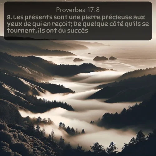 Segond Proverbes  ; image nature: image avec le verset biblique :Les présents sont une pierre précieuse aux yeux de qui en reçoit; De quelque côté qu&#039;ils se tournent, ils ont du succès. ;  ; 17:8