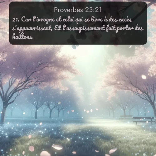 Segond Proverbes  ; image nature: image avec le verset biblique :Car l&#039;ivrogne et celui qui se livre à des excès s&#039;appauvrissent, Et l&#039;assoupissement fait porter des haillons. ;  ; 23:21