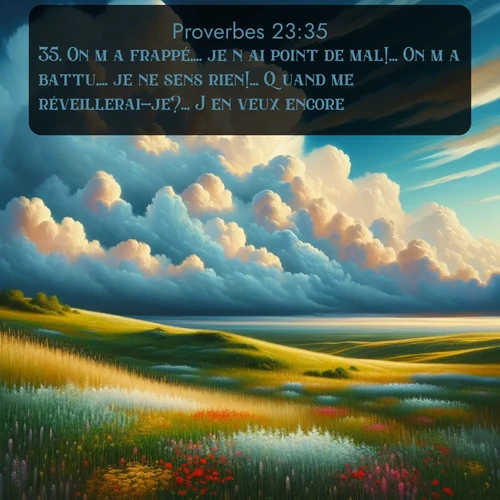 Segond Proverbes  ; image nature: image avec le verset biblique :On m&#039;a frappé,... je n&#039;ai point de mal!... On m&#039;a battu,... je ne sens rien!... Quand me réveillerai-je?... J&#039;en veux encore! ;  ; 23:35