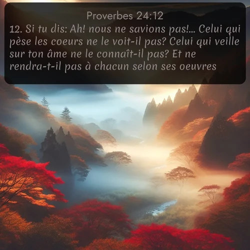 Segond Proverbes  ; image nature: image avec le verset biblique :Si tu dis: Ah! nous ne savions pas!... Celui qui pèse les coeurs ne le voit-il pas? Celui qui veille sur ton âme ne le connaît-il pas? Et ne rendra-t-il pas à chacun selon ses oeuvres? ;  ; 24:12