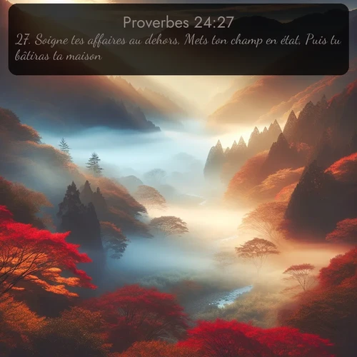 Segond Proverbes  ; image nature: image avec le verset biblique :Soigne tes affaires au dehors, Mets ton champ en état, Puis tu bâtiras ta maison. ;  ; 24:27