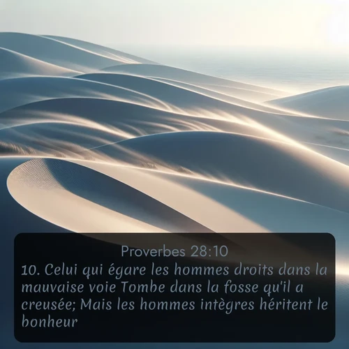 Segond Proverbes  ; image nature: image avec le verset biblique :Celui qui égare les hommes droits dans la mauvaise voie Tombe dans la fosse qu&#039;il a creusée; Mais les hommes intègres héritent le bonheur. ;  ; 28:10