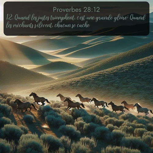 Segond Proverbes  ; image nature: image avec le verset biblique :Quand les justes triomphent, c&#039;est une grande gloire; Quand les méchants s&#039;élèvent, chacun se cache. ;  ; 28:12