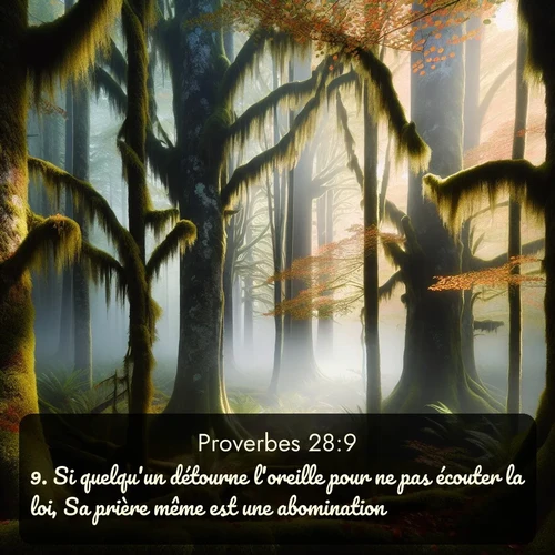 Segond Proverbes  ; image nature: image avec le verset biblique :Si quelqu&#039;un détourne l&#039;oreille pour ne pas écouter la loi, Sa prière même est une abomination. ;  ; 28:9