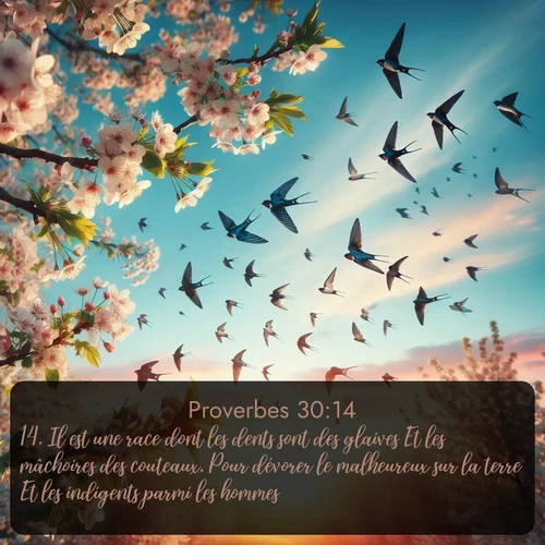 Segond Proverbes  ; image nature: image avec le verset biblique :Il est une race dont les dents sont des glaives Et les mâchoires des couteaux, Pour dévorer le malheureux sur la terre Et les indigents parmi les hommes. ;  ; 30:14