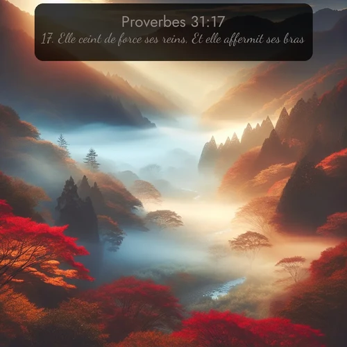 Segond Proverbes  ; image nature: image avec le verset biblique :Elle ceint de force ses reins, Et elle affermit ses bras. ;  ; 31:17