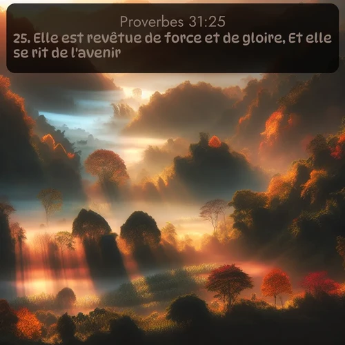 Segond Proverbes  ; image nature: image avec le verset biblique :Elle est revêtue de force et de gloire, Et elle se rit de l&#039;avenir. ;  ; 31:25