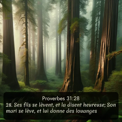Segond Proverbes  ; image nature: image avec le verset biblique :Ses fils se lèvent, et la disent heureuse; Son mari se lève, et lui donne des louanges: ;  ; 31:28