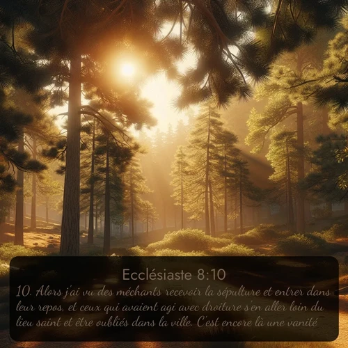 Segond Ecclésiaste  ; image nature: image avec le verset biblique :Alors j&#039;ai vu des méchants recevoir la sépulture et entrer dans leur repos, et ceux qui avaient agi avec droiture s&#039;en aller loin du lieu saint et être oubliés dans la ville. C&#039;est encore là une vanité. ;  ; 8:10