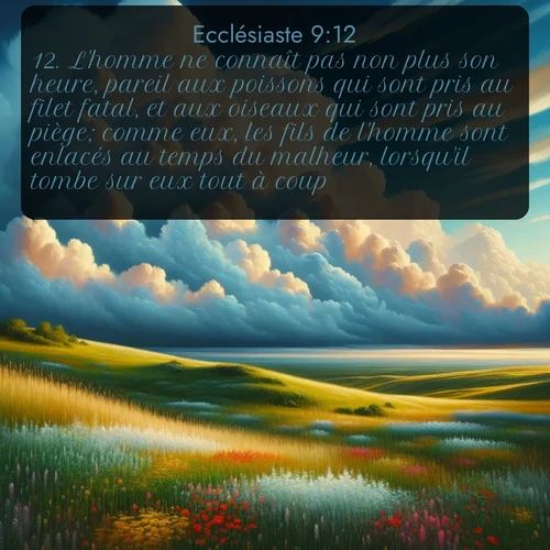 Segond Ecclésiaste  ; image nature: image avec le verset biblique :L&#039;homme ne connaît pas non plus son heure, pareil aux poissons qui sont pris au filet fatal, et aux oiseaux qui sont pris au piège; comme eux, les fils de l&#039;homme sont enlacés au temps du malheur, lorsqu&#039;il tombe sur eux tout à coup. ;  ; 9:12