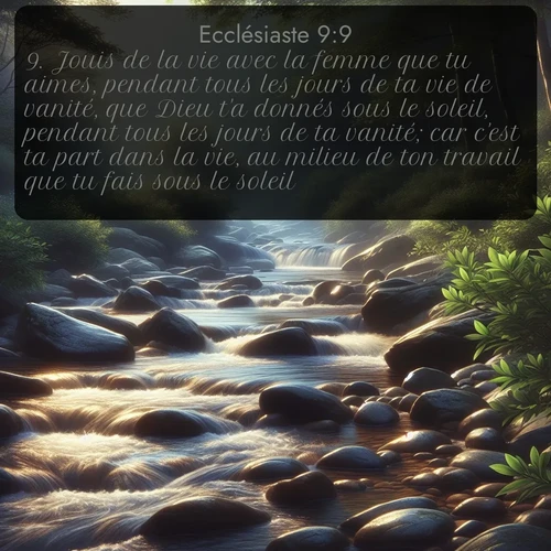 Segond Ecclésiaste  ; image nature: image avec le verset biblique :Jouis de la vie avec la femme que tu aimes, pendant tous les jours de ta vie de vanité, que Dieu t&#039;a donnés sous le soleil, pendant tous les jours de ta vanité; car c&#039;est ta part dans la vie, au milieu de ton travail que tu fais sous le soleil. ;  ; 9:9