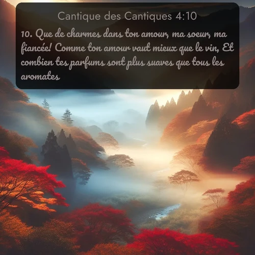 Segond Cantique des Cantiques  ; image nature: image avec le verset biblique :Que de charmes dans ton amour, ma soeur, ma fiancée! Comme ton amour vaut mieux que le vin, Et combien tes parfums sont plus suaves que tous les aromates! ;  ; 4:10
