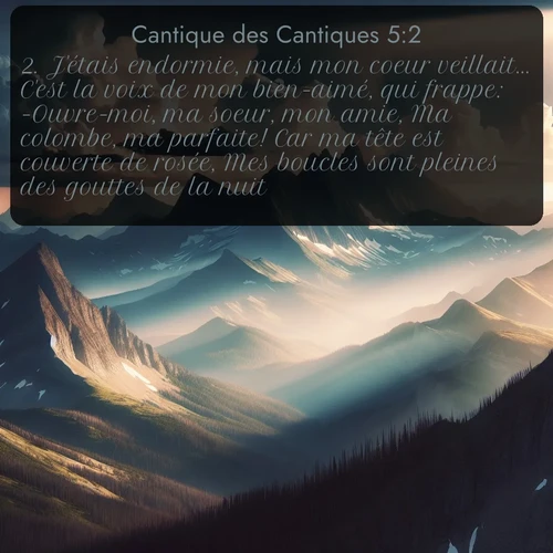 Segond Cantique des Cantiques  ; image nature: image avec le verset biblique :J&#039;étais endormie, mais mon coeur veillait... C&#039;est la voix de mon bien-aimé, qui frappe: -Ouvre-moi, ma soeur, mon amie, Ma colombe, ma parfaite! Car ma tête est couverte de rosée, Mes boucles sont pleines des gouttes de la nuit. - ;  ; 5:2