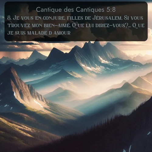 Segond Cantique des Cantiques  ; image nature: image avec le verset biblique :Je vous en conjure, filles de Jérusalem, Si vous trouvez mon bien-aimé, Que lui direz-vous?... Que je suis malade d&#039;amour. - ;  ; 5:8