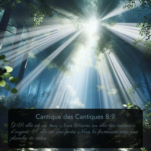 Segond Cantique des Cantiques  ; image nature: image avec le verset biblique :Si elle est un mur, Nous bâtirons sur elle des créneaux d&#039;argent; Si elle est une porte, Nous la fermerons avec une planche de cèdre. - ;  ; 8:9