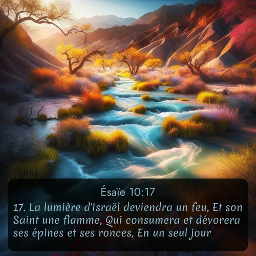 Segond Ésaïe  ; image nature: image avec le verset biblique :La lumière d&#039;Israël deviendra un feu, Et son Saint une flamme, Qui consumera et dévorera ses épines et ses ronces, En un seul jour; ;  ; 10:17